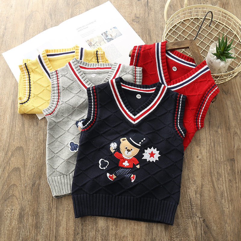 童装2020秋冬装新品小熊魔术师v领针织背心中小儿童毛衣马甲坎肩