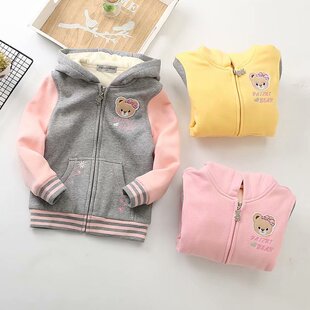 童装2020初春新款小熊撞色女童加绒加厚外套中大儿童薄款棉衣棉服