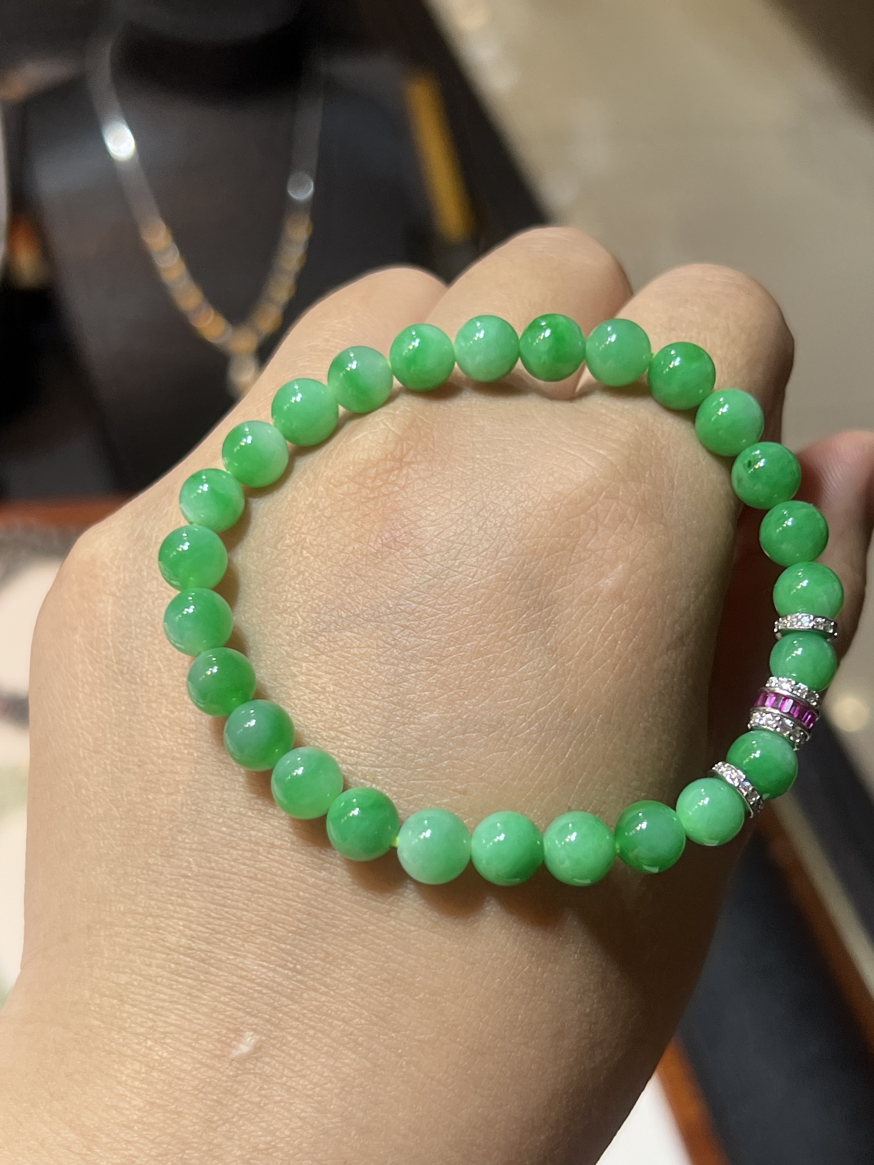 天然缅甸翡翠A货糯种满绿阳绿圆珠手串手链卡6.8mm