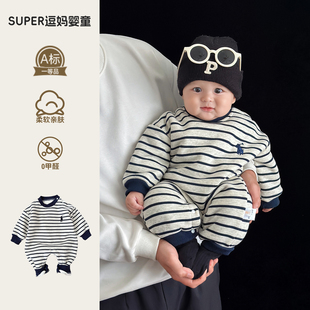 婴儿衣服男宝痞帅风冬季连体衣超韩洋气婴幼儿加绒加厚保暖外出服