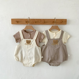 韩版 包屁哈衣婴儿背带T恤两件套外出服小熊套装 短袖 男女宝宝夏季