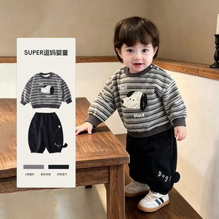 秋季套装男宝衣服韩版洋气时髦卡通卫衣休闲裤两件分体早秋外出服