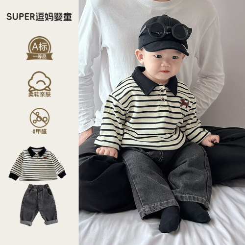 婴儿衣服秋装婴幼儿洋气小套装超萌洋气男宝宝POLO衫牛仔裤两件套