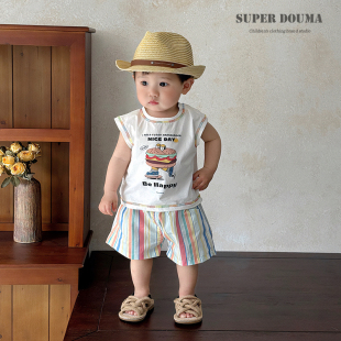 夏季男童套装时髦洋气男宝多巴胺穿搭韩系卡通背心休闲裤两件套夏