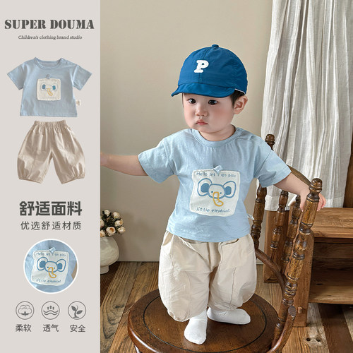 男宝宝衣服夏季套装韩系男童穿搭超萌可爱卡通T休闲裤2件套周岁服