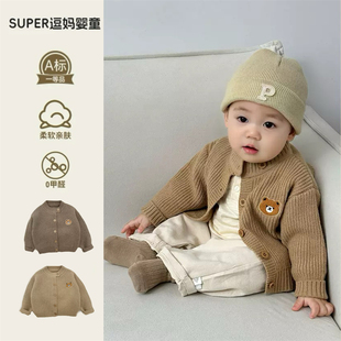 小月龄春装外出服婴儿针织外套韩洋气婴幼儿刺绣小熊毛衣开衫春秋