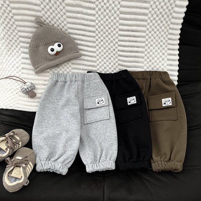小月龄宝宝裤子秋冬款加绒外穿裤韩系男宝休闲裤冬季一体绒束脚裤