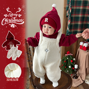 婴儿秋冬季衣服宝宝连体衣冬装超韩洋气婴幼儿加厚毛绒背带裤套装