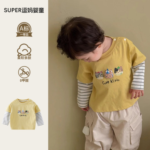 韩系男童秋装超好看男宝衣服秋季新款洋气时髦假两件长袖T外出服
