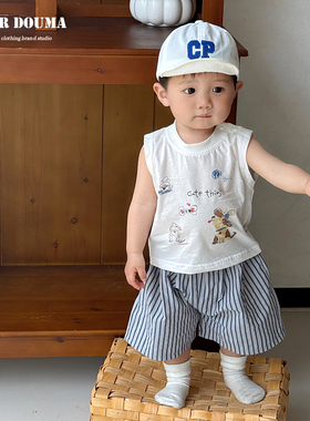 小男孩酷帅夏装套装宝宝衣服夏季新款卡通洋气背心牛仔裤两件套夏