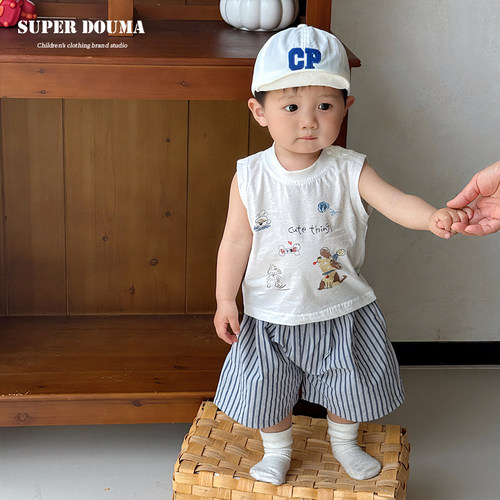 小男孩酷帅夏装套装宝宝衣服夏季新款卡通洋气背心牛仔裤两件套夏