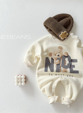 潮款0-2岁婴儿服装 中性奶油风NICE小熊米色连身衣 加绒哈衣爬服