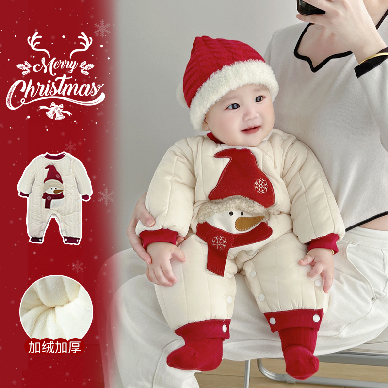 婴幼儿冬款外出服宝宝新年衣服超萌可爱加厚连体服网红洋气周岁服