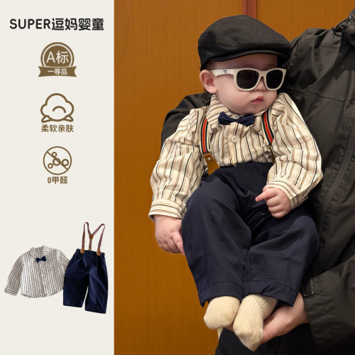 小月龄春天外出服男宝衣服春装小绅士礼服唐套装春款背带裤两件套