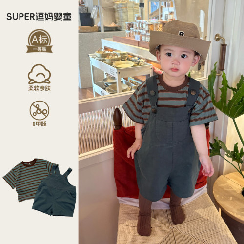 宝宝夏套装时尚韩版帅气男宝背带裤百搭条纹T夏日薄款穿搭两件套