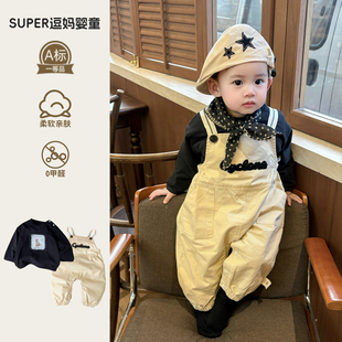 婴儿连体衣春秋款男宝衣服春装韩版帅气时髦背带裤套装春款周岁服