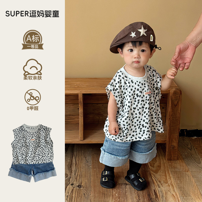 婴幼儿夏天小套装男宝宝衣服夏装韩版帅气时髦豹纹T裤子两件套潮图片