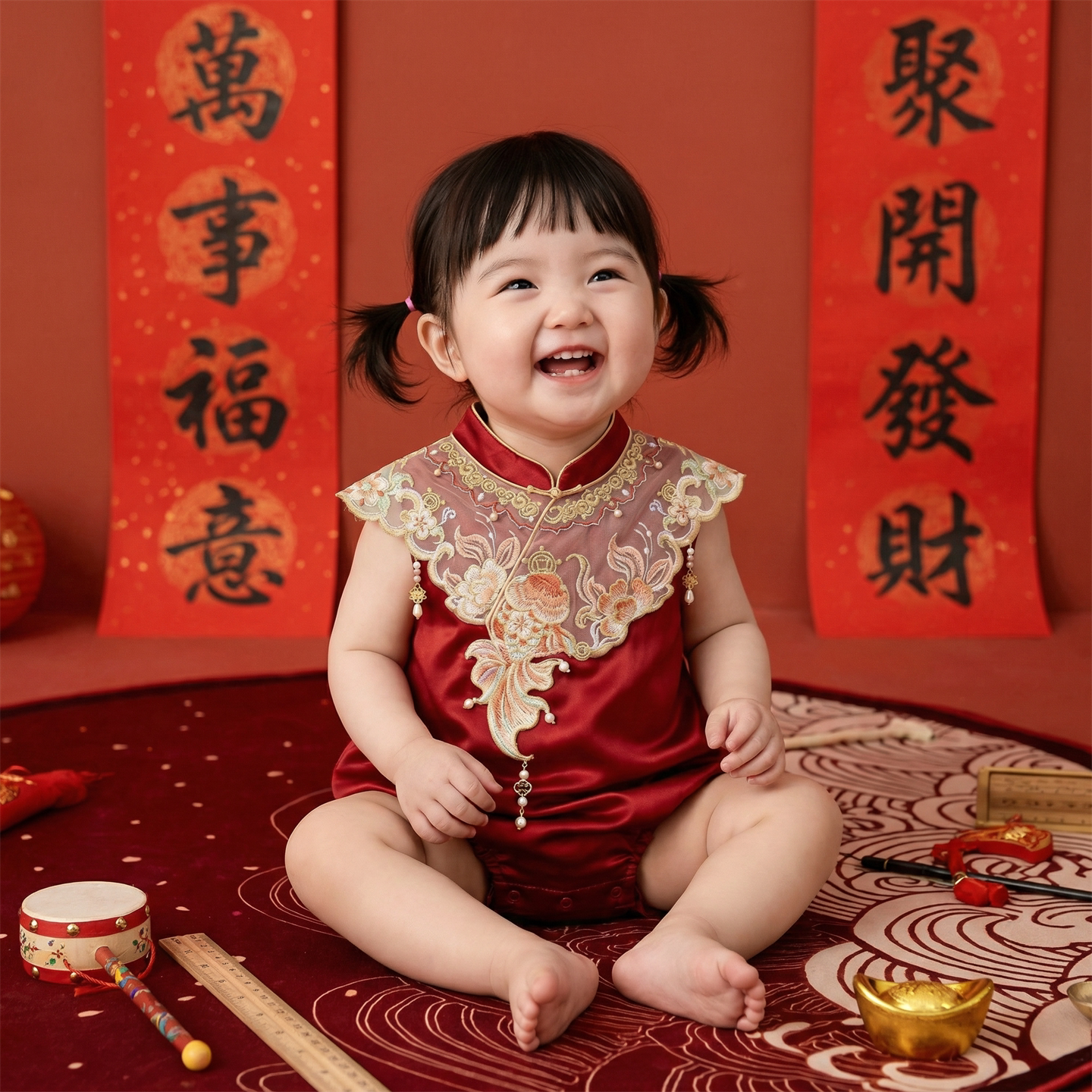 女宝2026新款汉服红色喜庆洋气宝宝国风包屁哈衣夏日薄款满月礼服图片