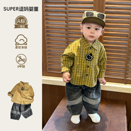 宝宝春秋款套装一岁男宝衣服春装韩版洋气时髦格子衫牛仔裤两件套