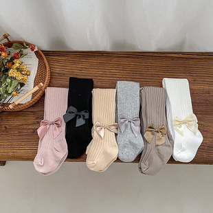 ins可开档宝宝婴儿连裤袜春秋儿童精梳棉竖条纹蝴蝶结女童打底裤