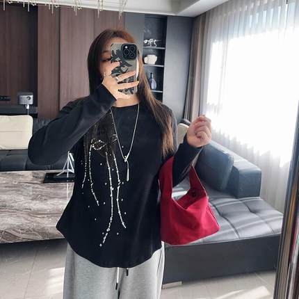 小细腰蝴蝶结 大码女装胖mm新款2024年秋装冬装长袖加绒打底衫t恤