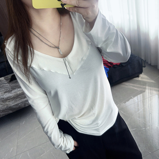 宽松胖mm打底衫 木耳边大码 新款 2025年秋装 莱赛尔t恤内搭上衣 女装