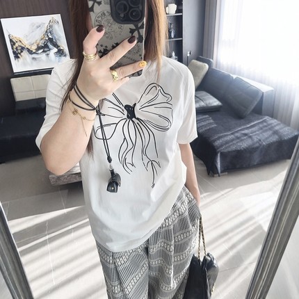 线条蝴蝶结 大码女装胖mm2025年早春装新款显瘦减龄短袖半袖t恤