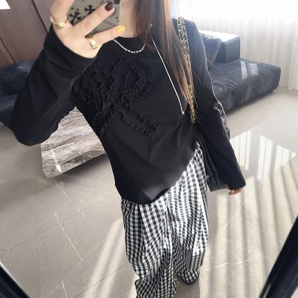 2025年早秋装新款胖mm大码女装宽松长袖木耳蝴蝶结打底衫T恤短袖