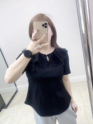 大码女装胖mm春装秋装2025年新款荷叶边小众收腰短袖t恤上衣长袖