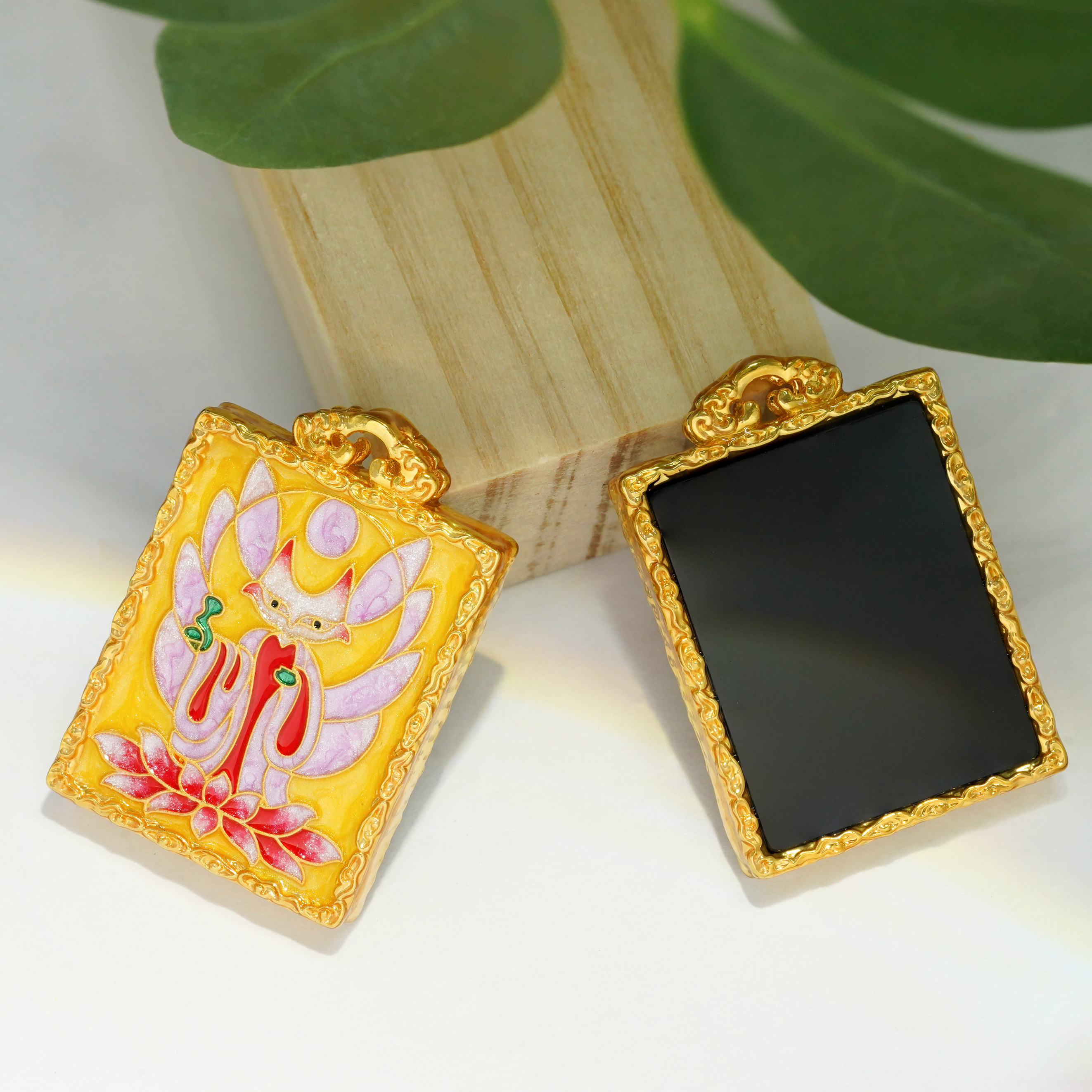 【店铺专属】18k金黑玛瑙狐仙方牌吊坠女百搭DIY项链配件QL07467