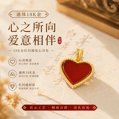 18k金红玛瑙爱心吊坠女轻奢小众