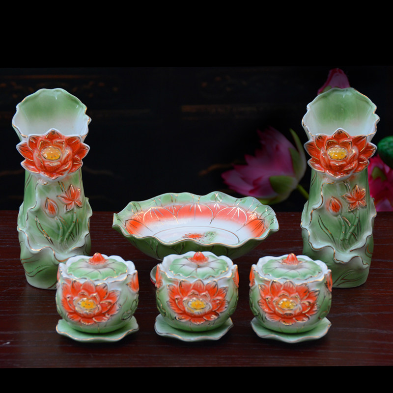 佛堂佛供盘陶瓷水果盘供瓶供佛莲花瓶供奉用品供果盘圣水杯净水杯