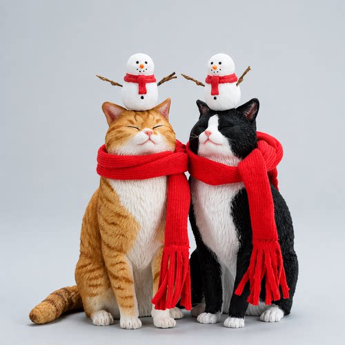 【限时15天75折预售】JXK冬隅暖猫模型 仿真萌雪人咪动物手办摆件