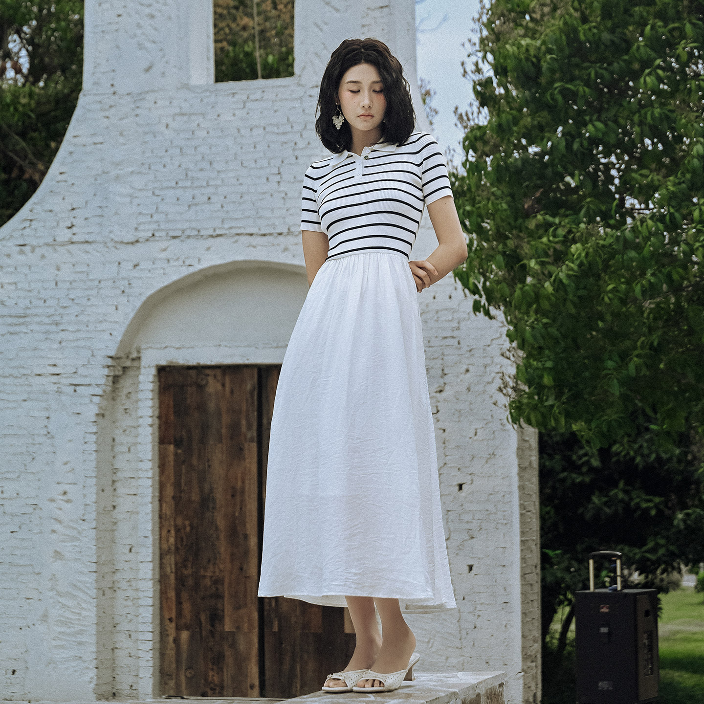 梦灵笼女装POLO领短袖条纹针织衫拼接连衣裙简约风夏季大裙摆