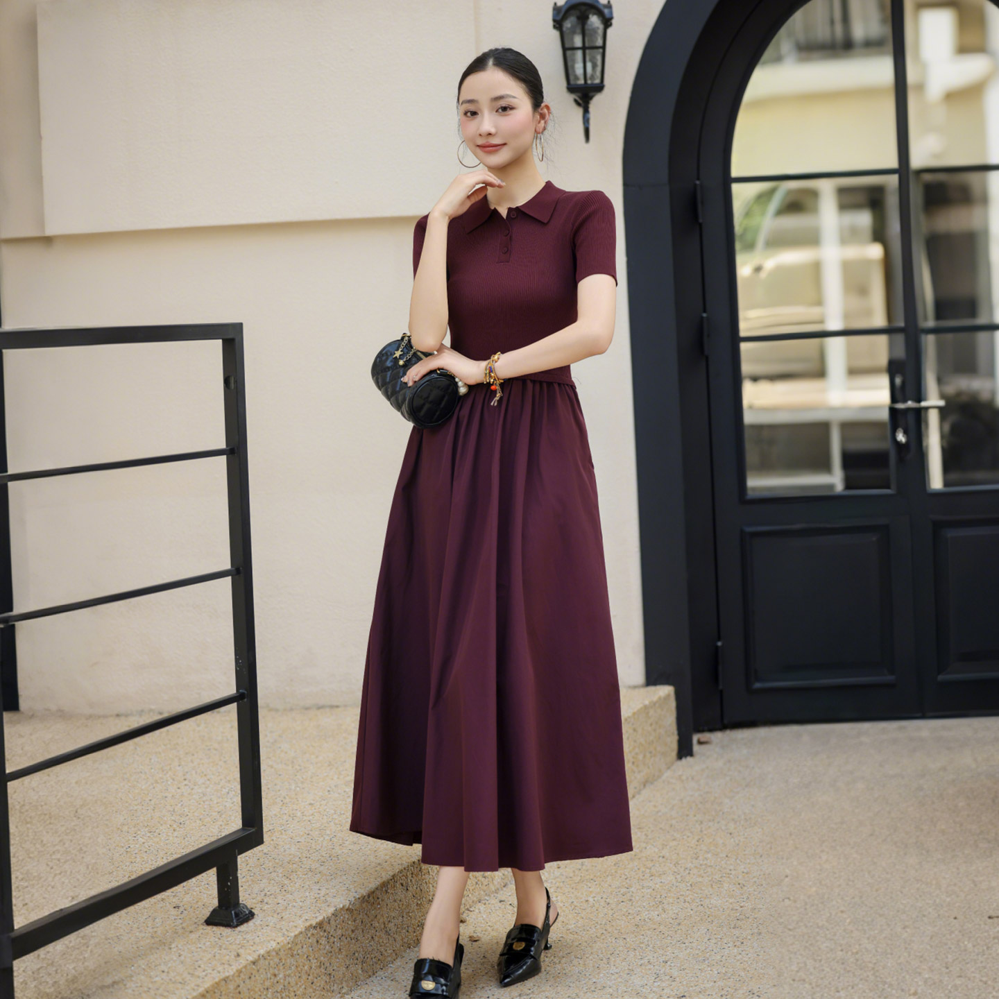 梦灵笼女装连衣裙v领拼接时尚长裙夏季短袖纯色修身显瘦裙子