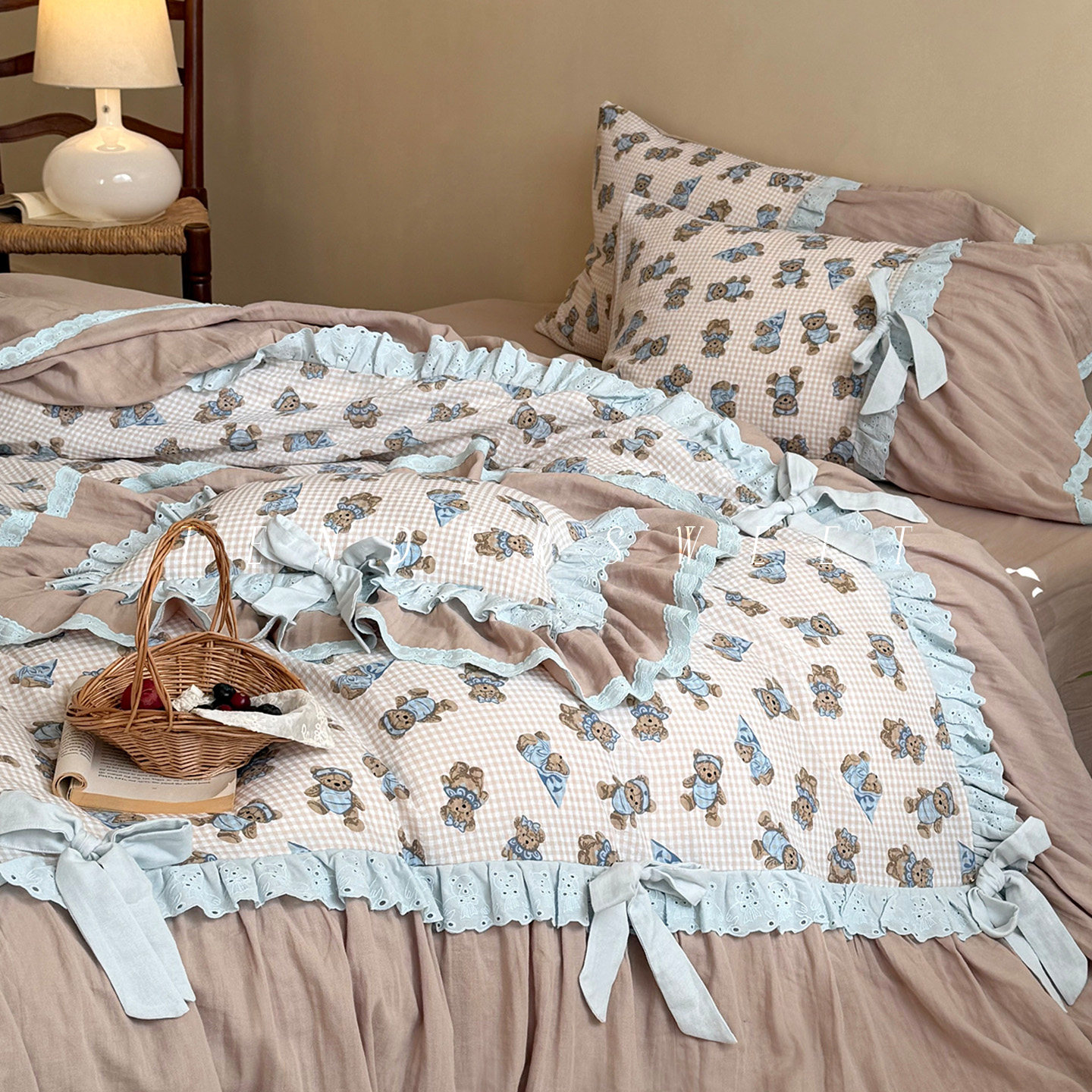 Tende|法式少女全棉双层纱四件套纯棉小熊蝴蝶结单人花边床上用品