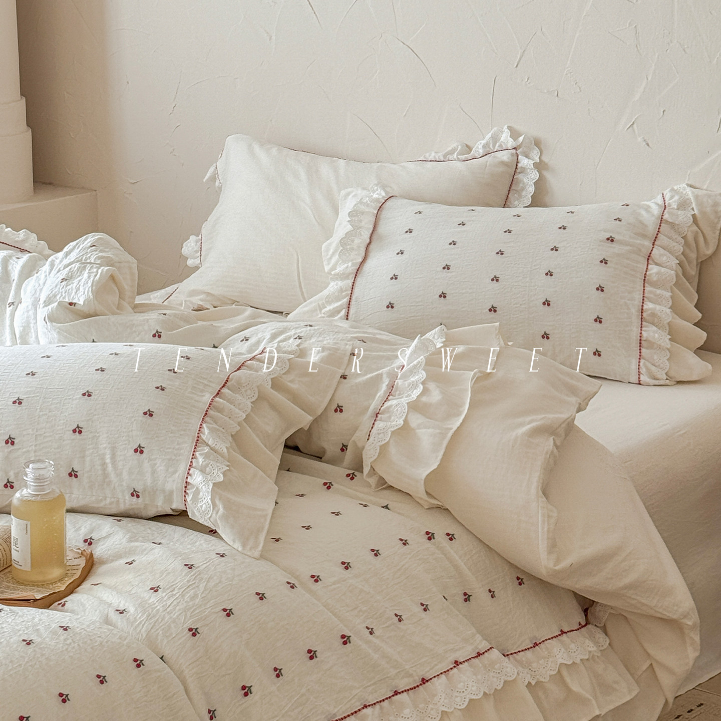 Tende|法式少女全棉四件套纯棉公主花边樱桃刺绣被套韩式床上用品