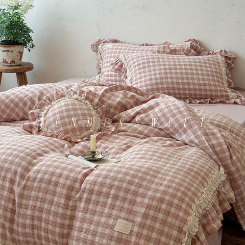 法式少女格子全棉双层纱四件套