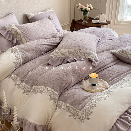 牛奶绒四件套复古冬季法式荷叶边