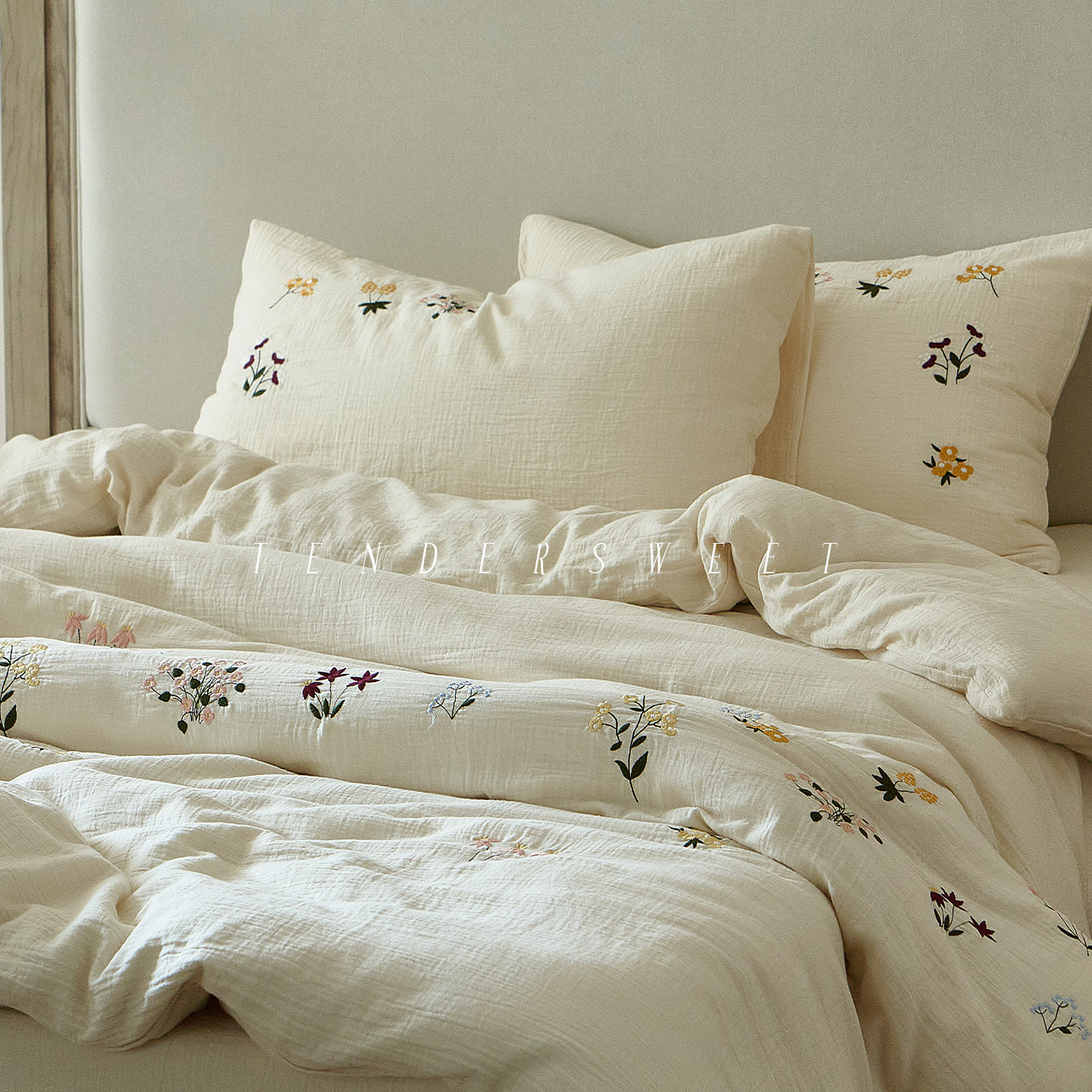Tender| 法式少女全棉双层纱刺绣四件套纯棉被套四季简约床上用品