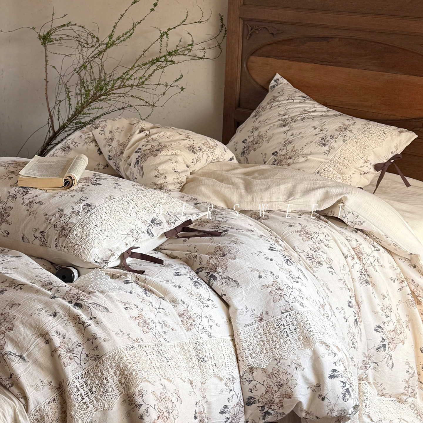 Tende|法式复古棉麻四件套少女纯棉亚麻混纺蕾丝花边被套床上用品