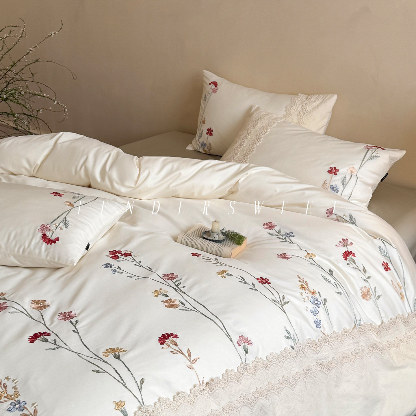 Tender| 法式少女长绒棉全棉四件套花卉刺绣纯棉蕾丝花边床上用品