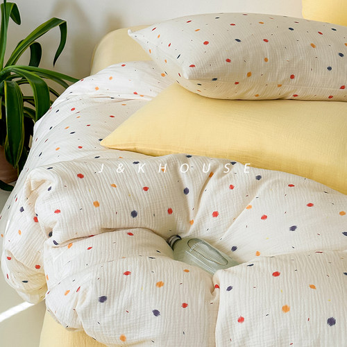 A类全棉四件套双层纱小清新褶皱