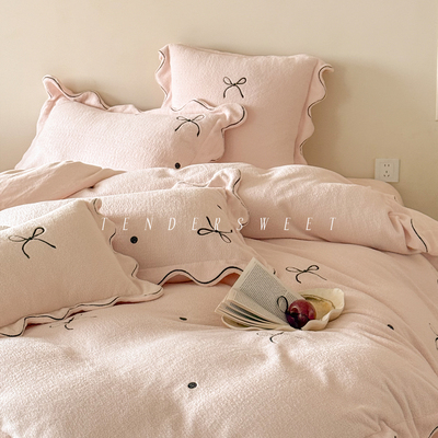 法式少女蝴蝶结刺绣牛奶绒四件套