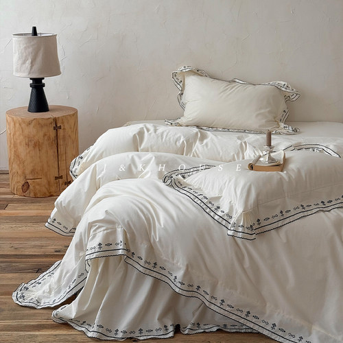 Retro | 复古少女花边刺绣纯棉四件套全棉水洗棉被套床裙床上用品