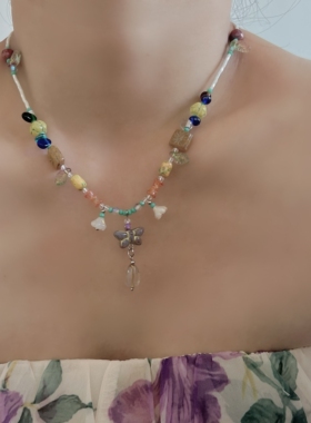 手工捷克水晶项链碎石小众调节串珠琉璃复古可不锈钢春夏花朵女