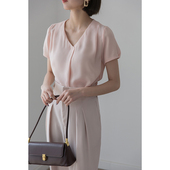雪纺衫 上衣2023新款 女夏 纯色职业简约知性垂坠感V领短袖 高阶通勤