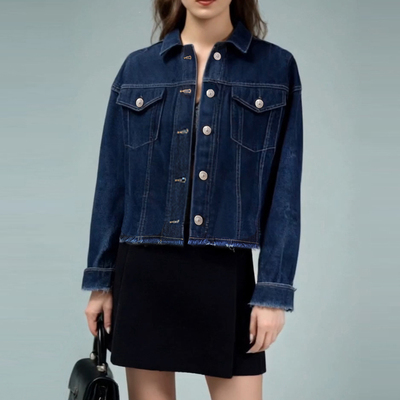 绝唱！出口日本小众设计深蓝牛仔外套休闲复古小个子短款上衣夹克