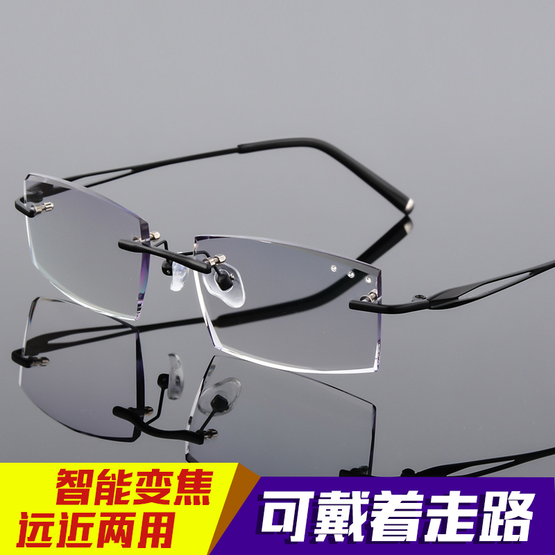 超轻无框眼镜男内渐进多焦点韩国钻石切边眼镜镶钻切割配近视眼镜