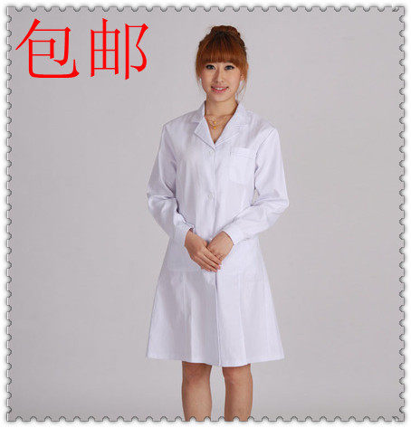 包邮标准白色医生服男女长袖白大衣蓝色手术衣短袖护士服圆帽头花